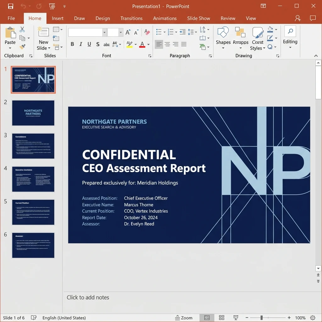 A confidential CEO assessment report open in PowerPoint for a fictional search firm