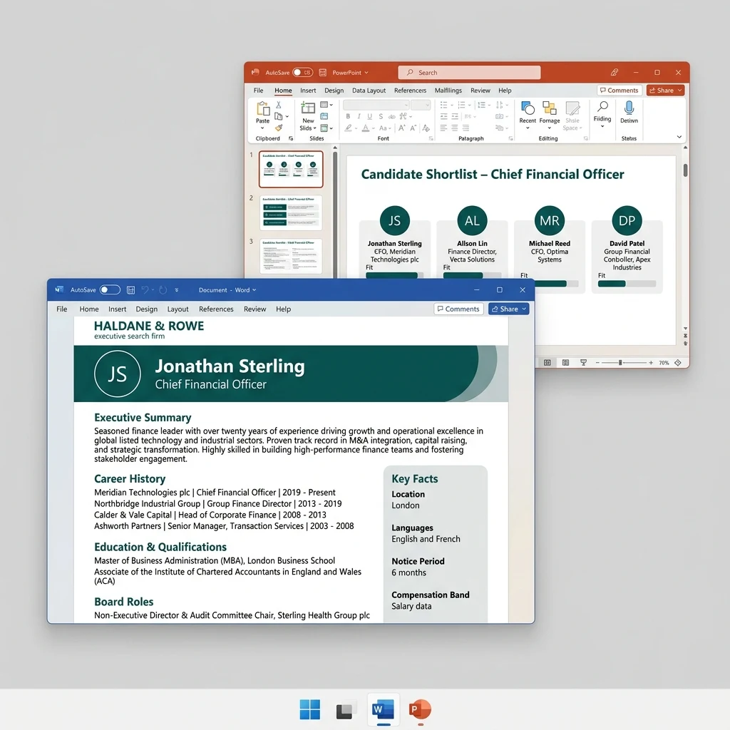 A candidate shortlist slide in PowerPoint and the matching candidate profile in Word, for a fictional search firm