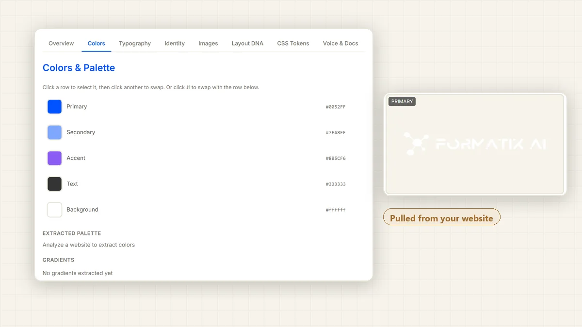 Brand Hub with the colour palette and the logo pulled from a website