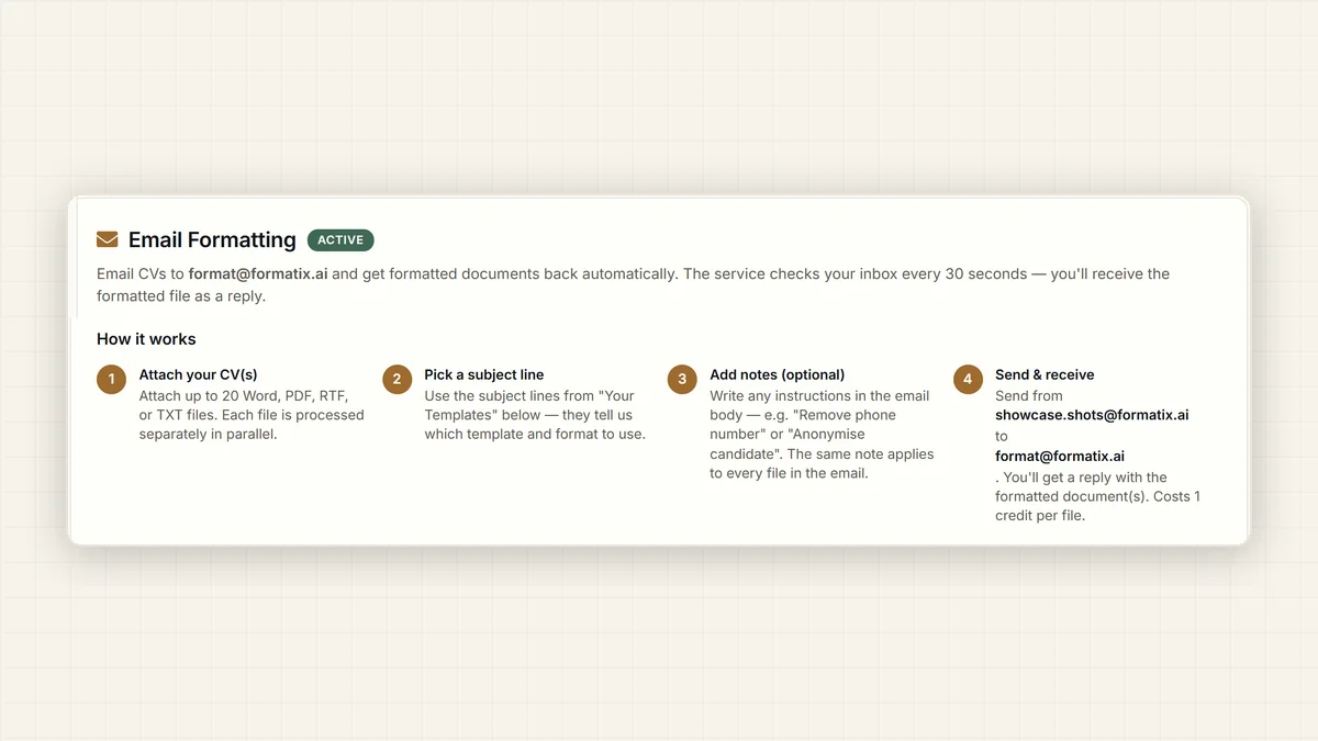 The email formatting panel: attach CVs, pick a subject line and get the formatted documents back by reply