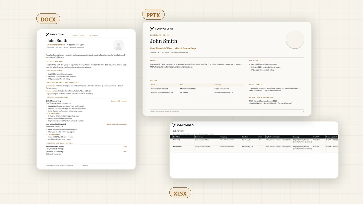 The same candidate rendered by Formatix as a Word profile, a PowerPoint shortlist slide and an Excel shortlist tracker