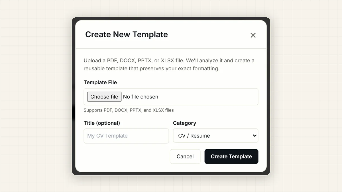 The Create New Template dialog: upload a PDF, DOCX, PPTX or XLSX file and Formatix turns it into a reusable template