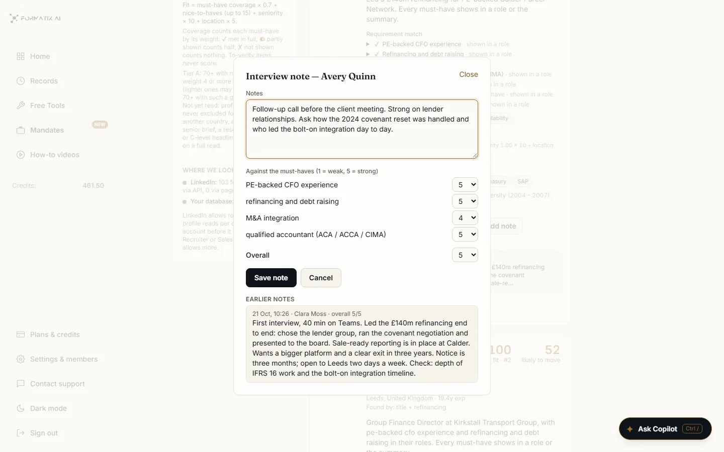 An interview note in Formatix, with ratings against each must-have, an overall rating and the earlier notes on the candidate