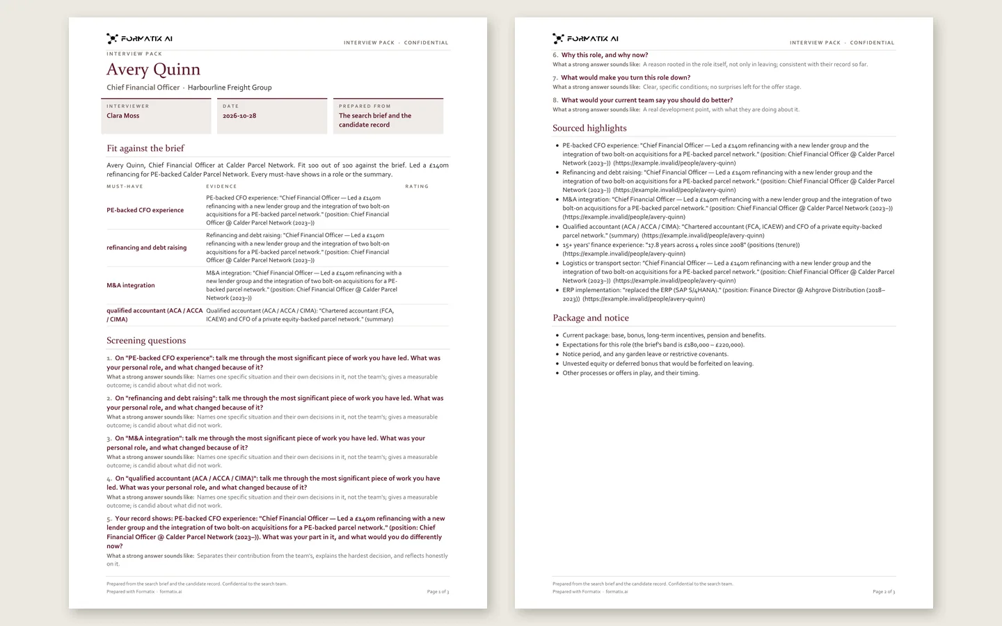 Two pages of a Formatix interview pack in Word: fit against the brief, screening questions tied to each must-have, sourced highlights and package and notice questions