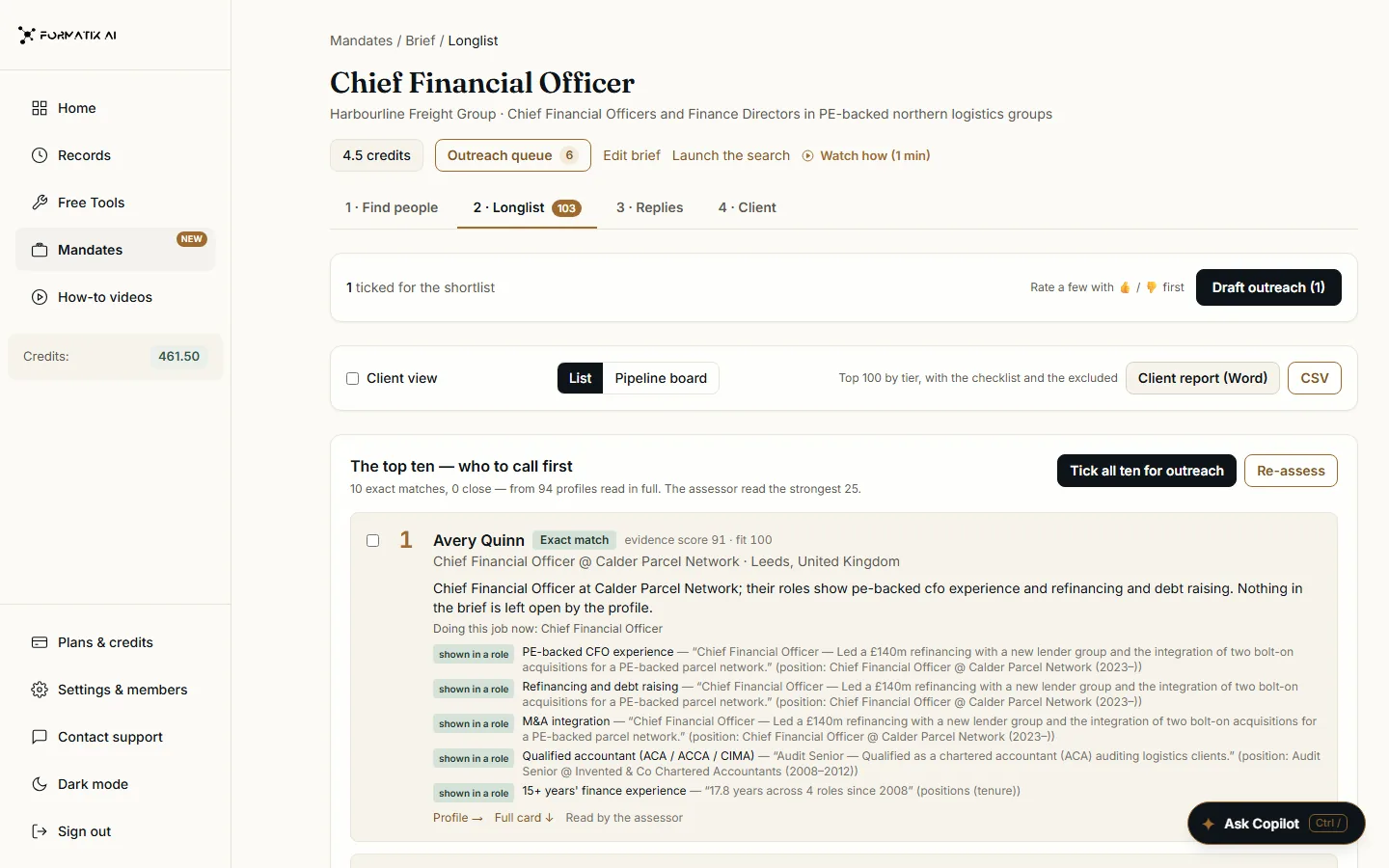 A mandate's longlist in Formatix: the top ten candidates for a Chief Financial Officer search, each requirement shown with a quote from the candidate's profile