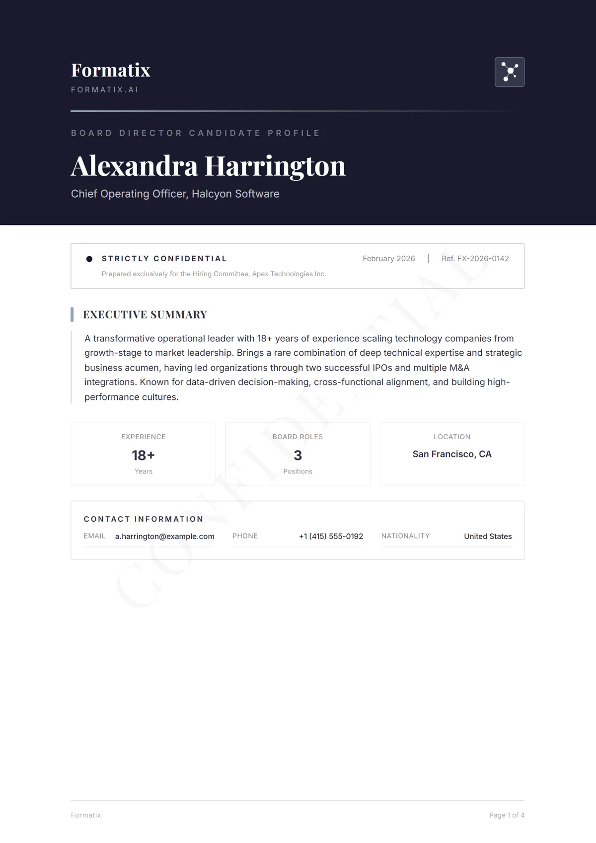 Board-Level Profile template, page 1: example in Formatix branding with a fictional candidate