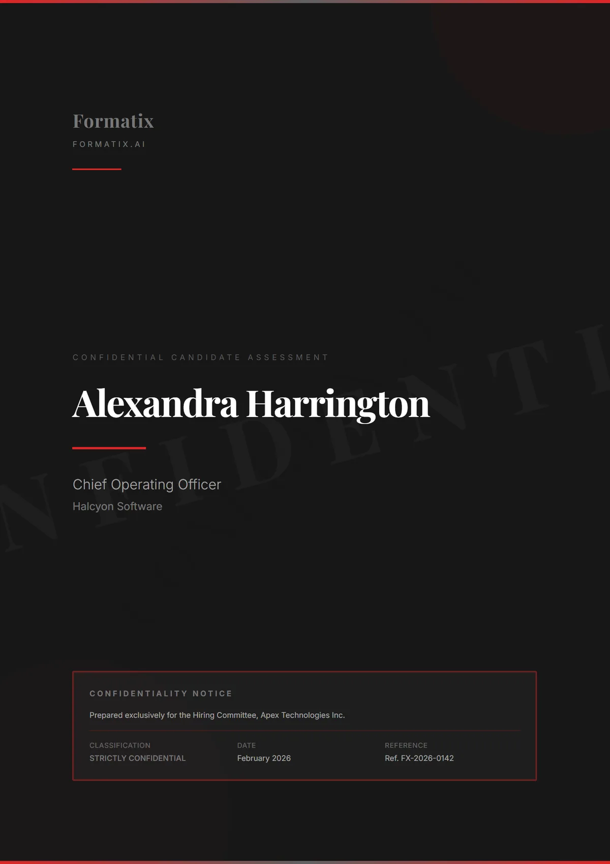 Confidential Profile template, page 1: example in Formatix branding with a fictional candidate