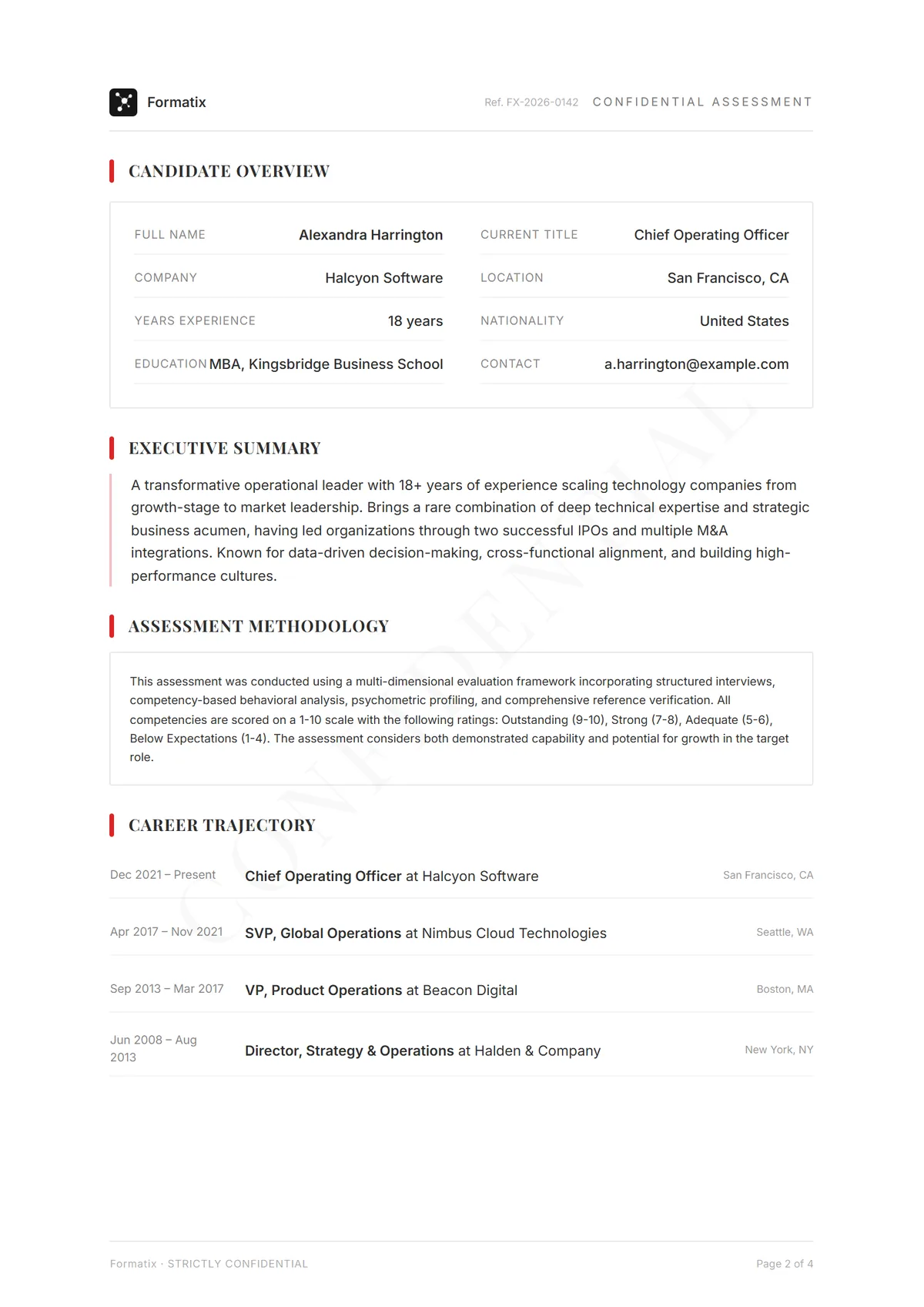 Confidential Profile template, page 2: example in Formatix branding with a fictional candidate