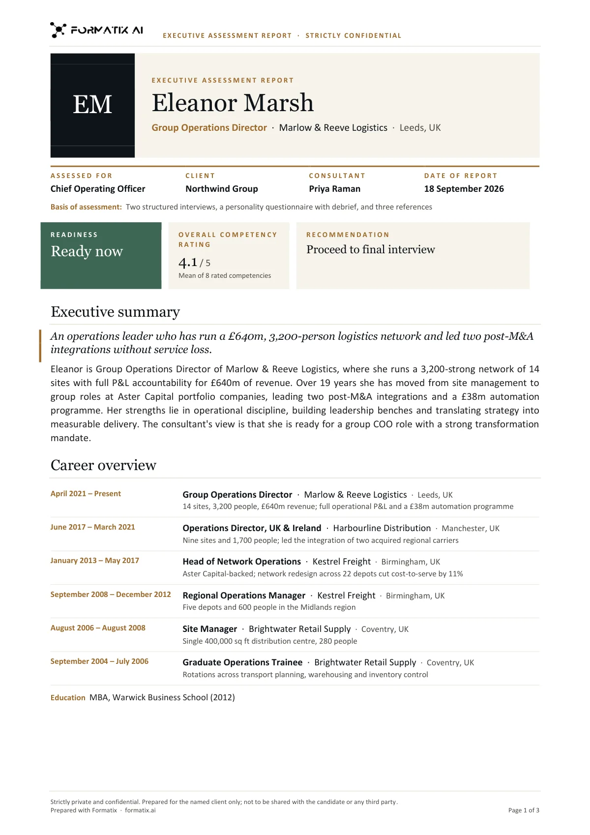 First page of a sample executive assessment report for a fictional candidate, with cover details, executive summary and career overview
