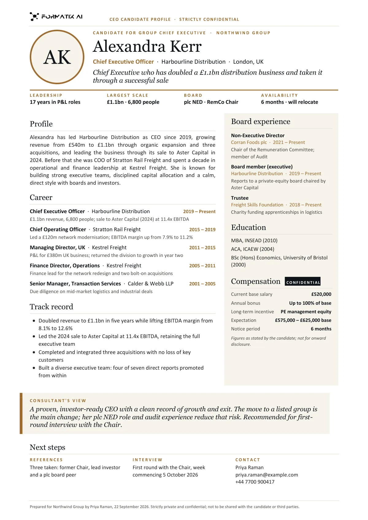Sample one-page CEO candidate profile for a fictional executive, with career summary, board roles and consultant view on a single page