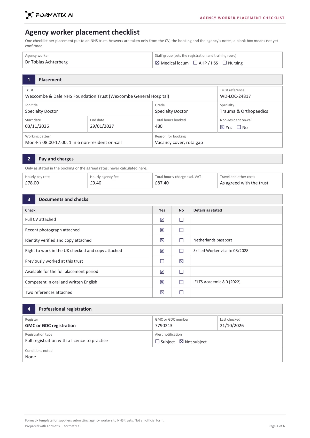Agency worker placement checklist template, page 1: example in Formatix branding with fictional content