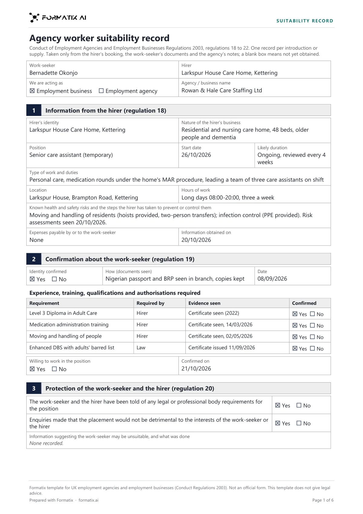 Agency worker suitability record template, page 1: example in Formatix branding with fictional content