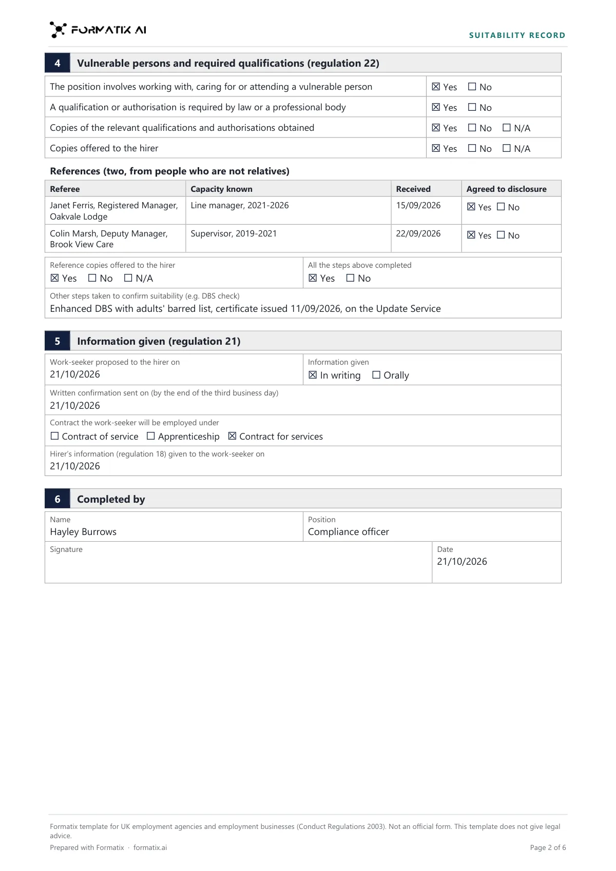 Agency worker suitability record template, page 2: example in Formatix branding with fictional content