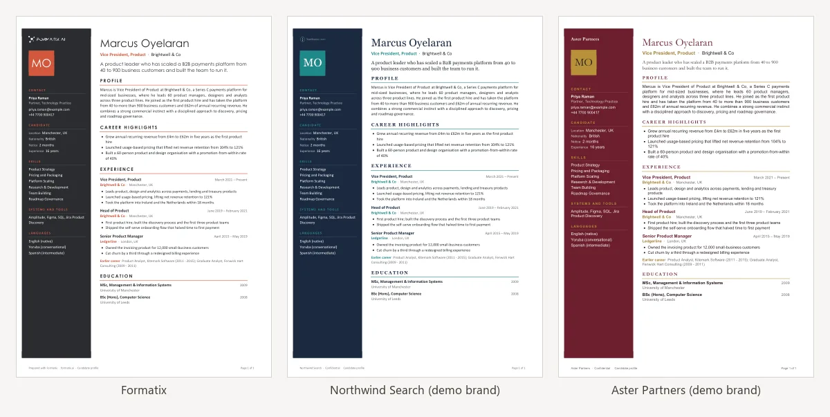 The same modern candidate profile template shown in three brands: Formatix, and the fictional firms Northwind Search and Aster Partners