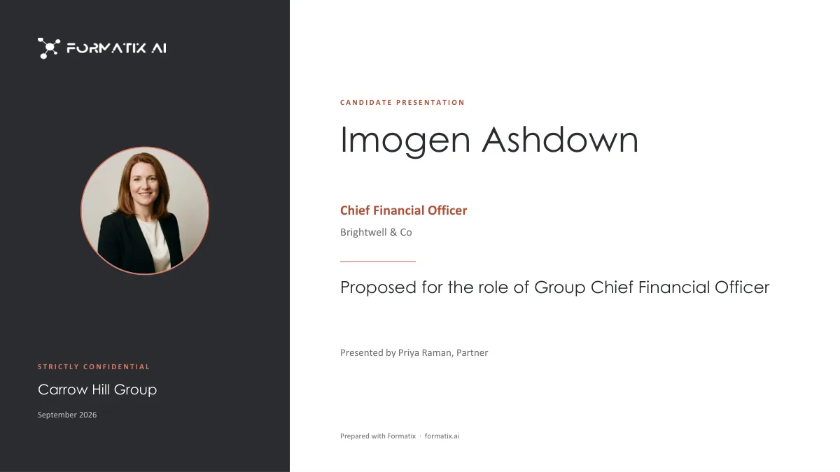 Candidate presentation template, slide 1: example in Formatix branding with fictional content