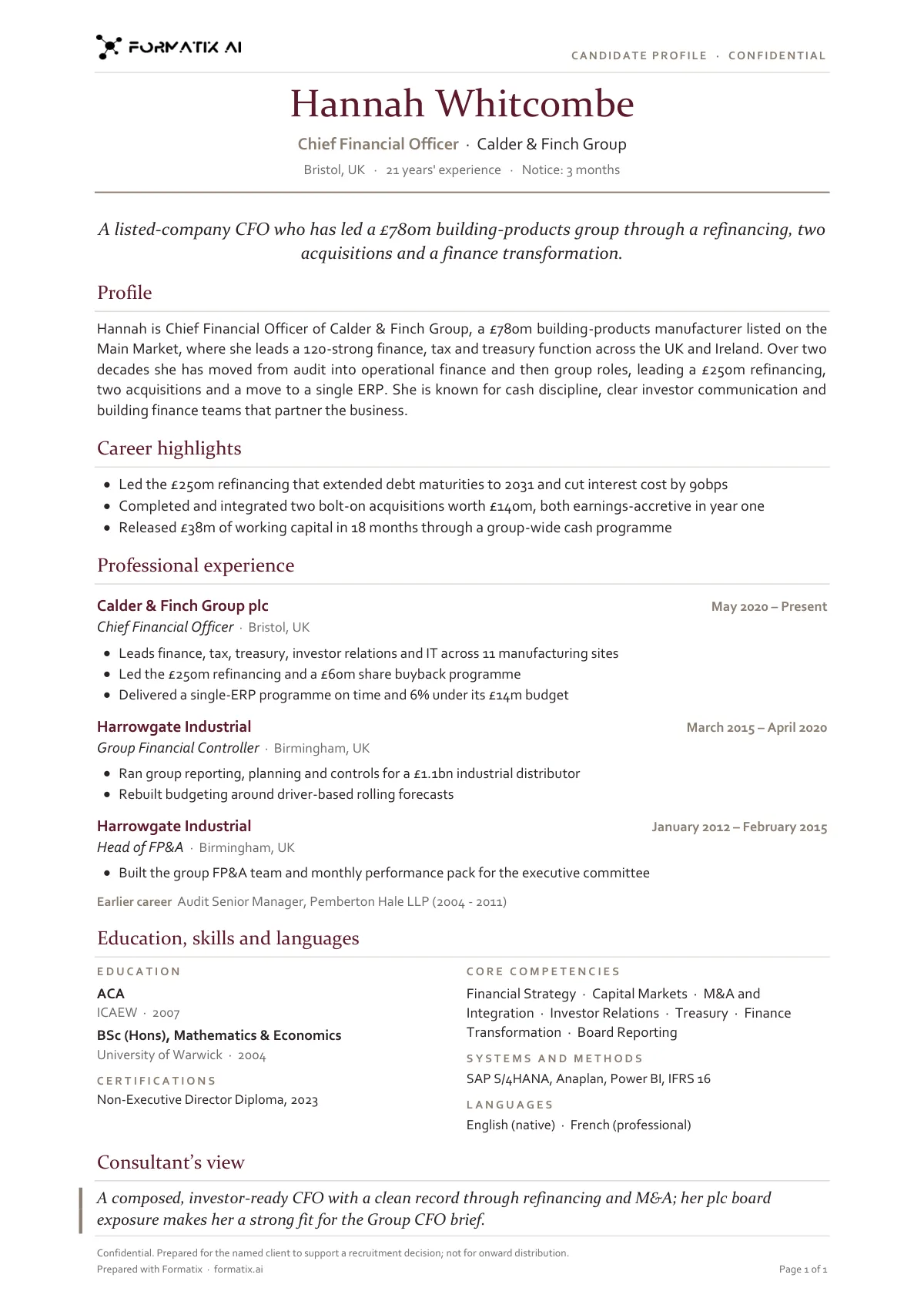 Candidate profile (classic) template, page 1: example in Formatix branding with a fictional candidate