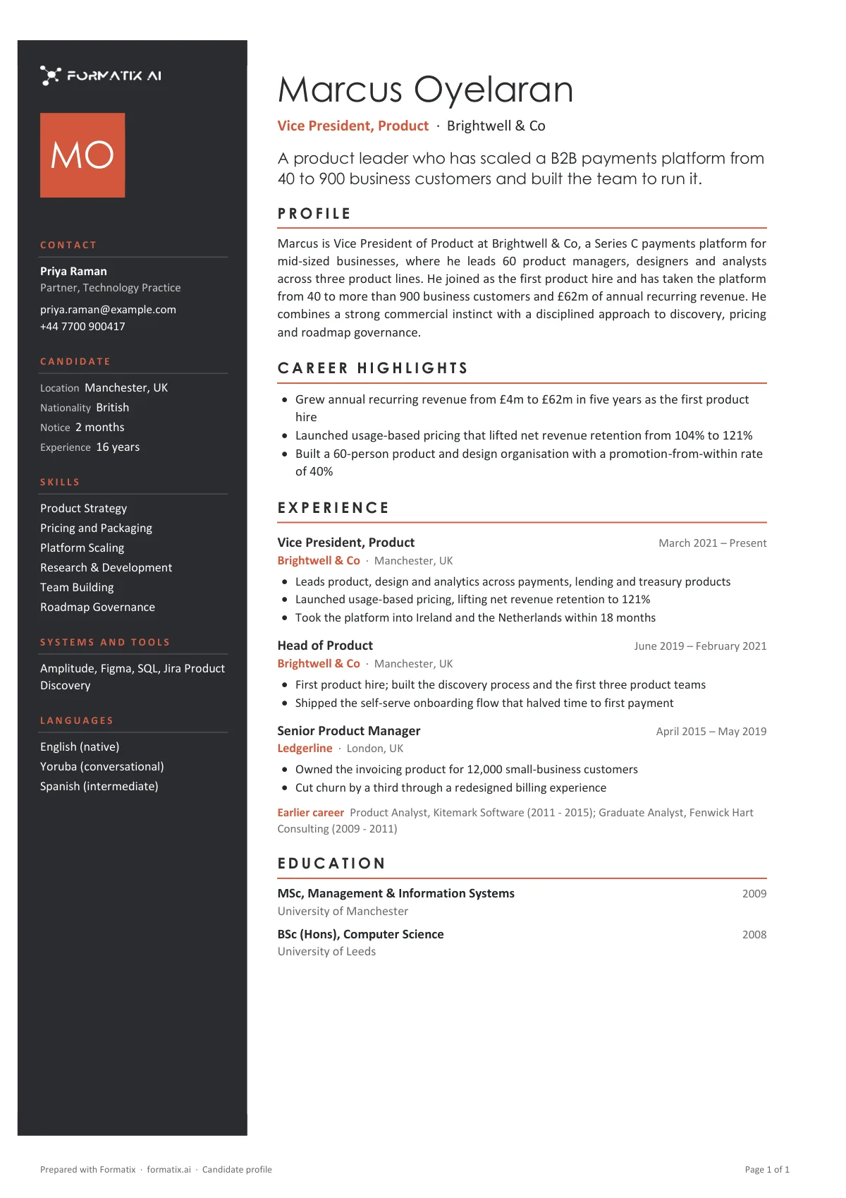 Candidate profile (modern) template, page 1: example in Formatix branding with a fictional candidate