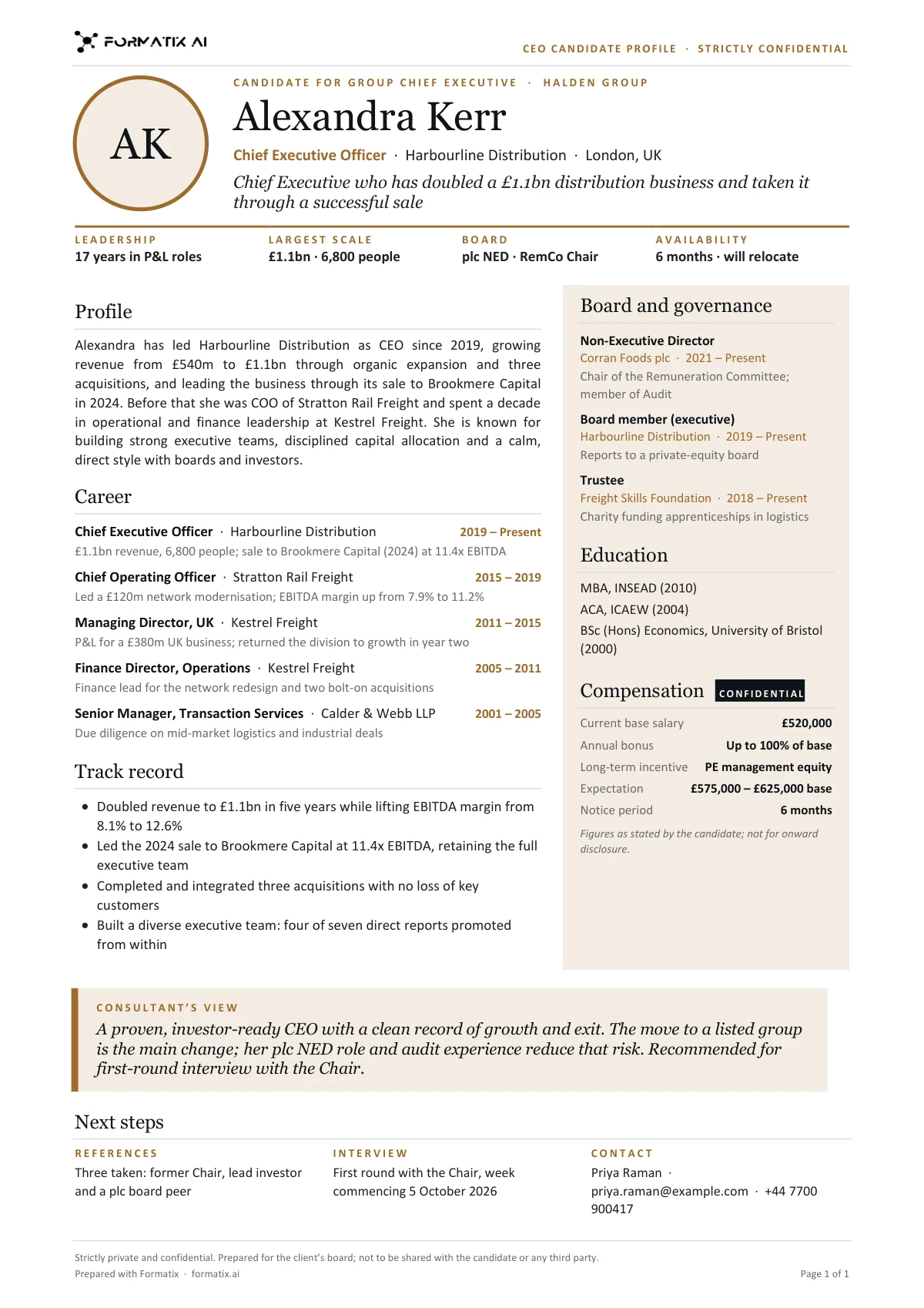 CEO candidate profile template, page 1: example in Formatix branding with a fictional candidate