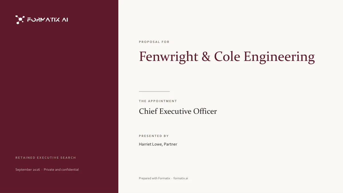 Client proposal template, slide 1: example in Formatix branding with fictional content