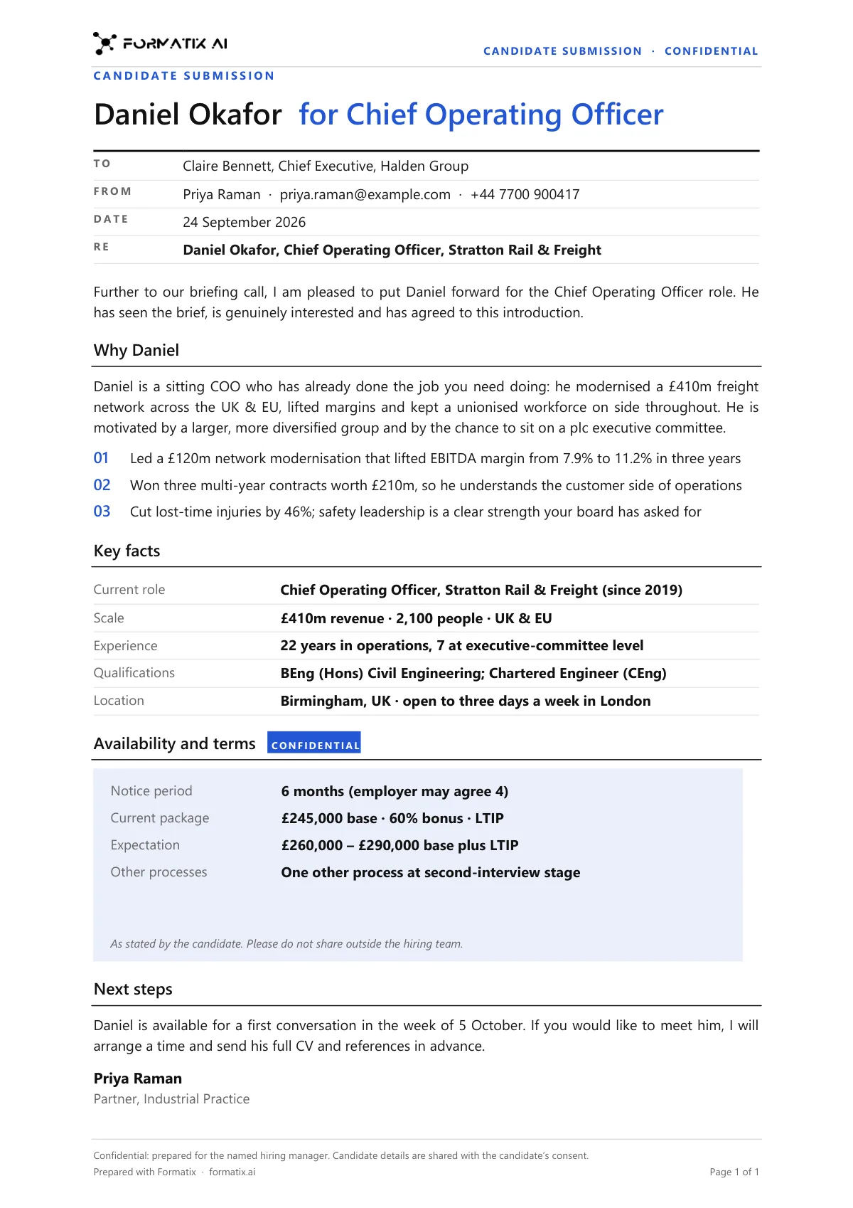 Client submittal template, page 1: example in Formatix branding with a fictional candidate