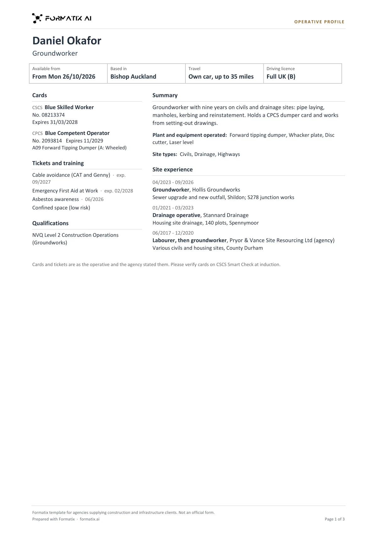 Construction operative profile template, page 1: example in Formatix branding with fictional content
