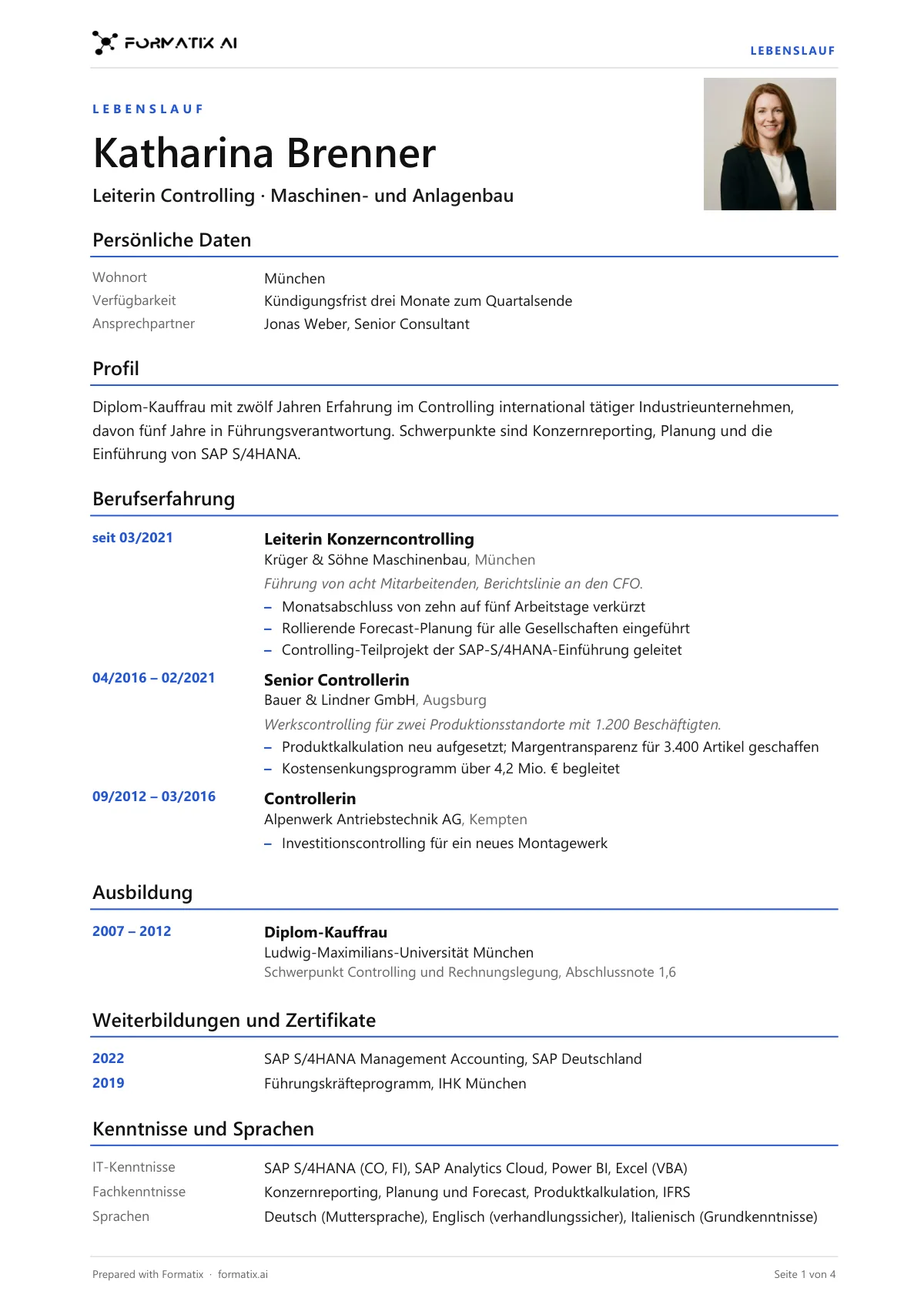German CV (Lebenslauf) template, page 1: example in Formatix branding with fictional content