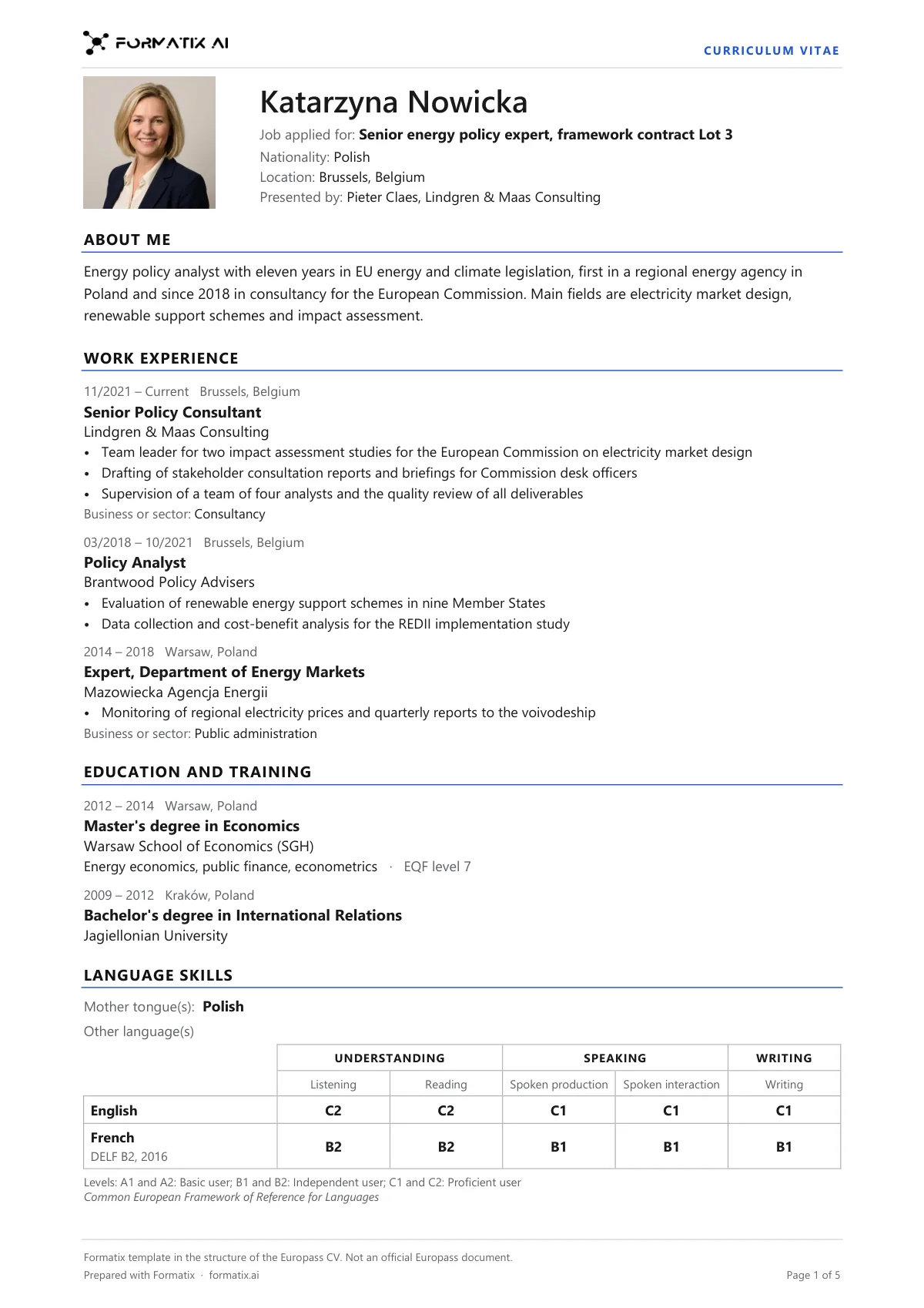 Europass-style CV template, page 1: example in Formatix branding with fictional content