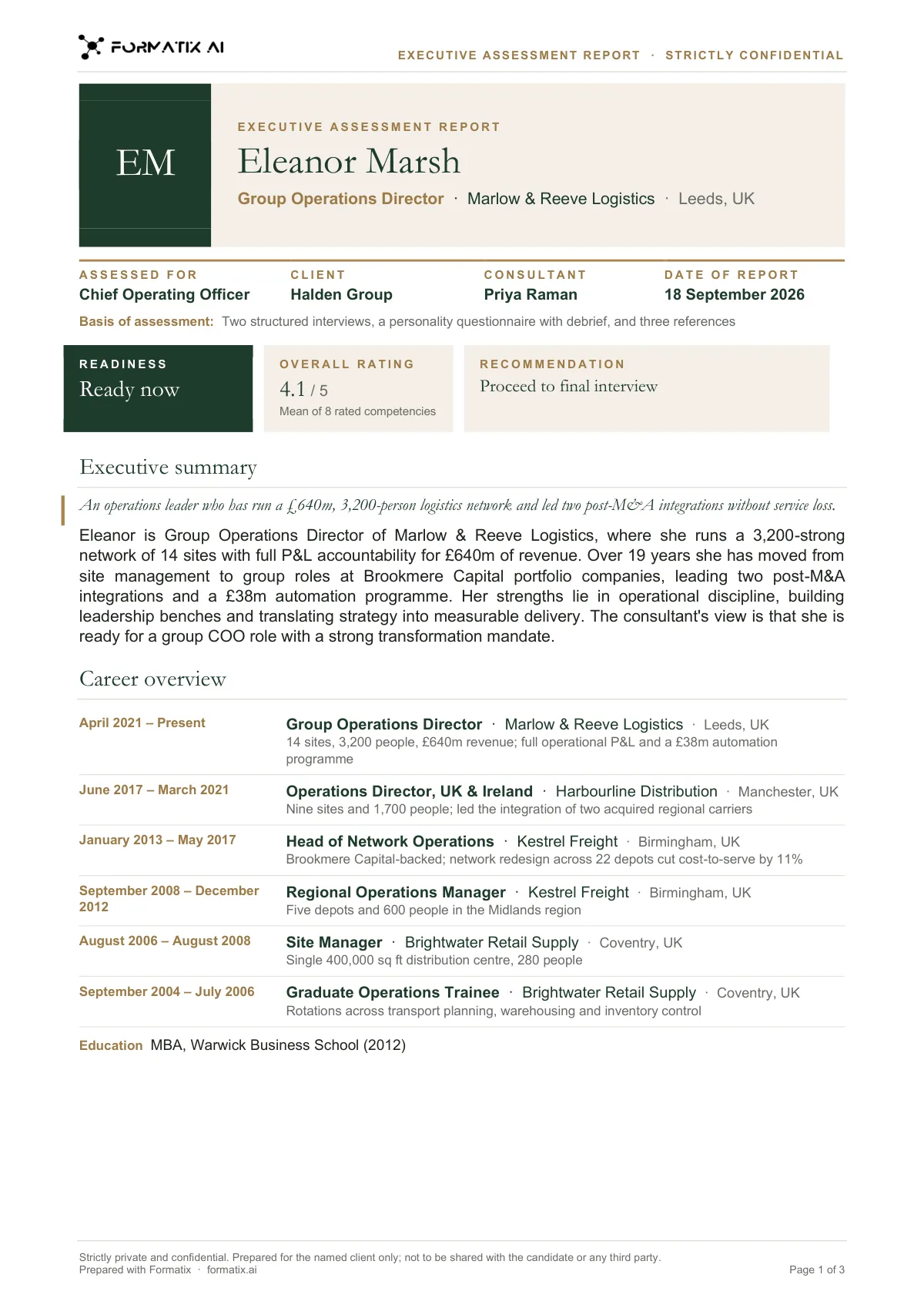 Executive assessment report template, page 1: example in Formatix branding with a fictional candidate