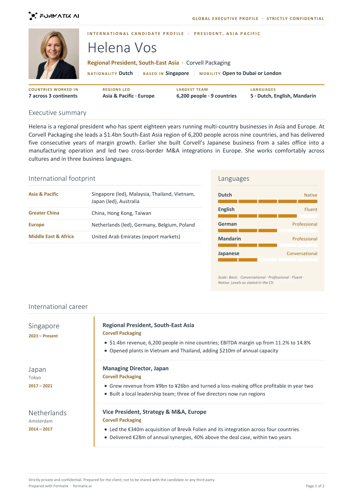 Global executive profile template, page 1: example in Formatix branding with fictional content