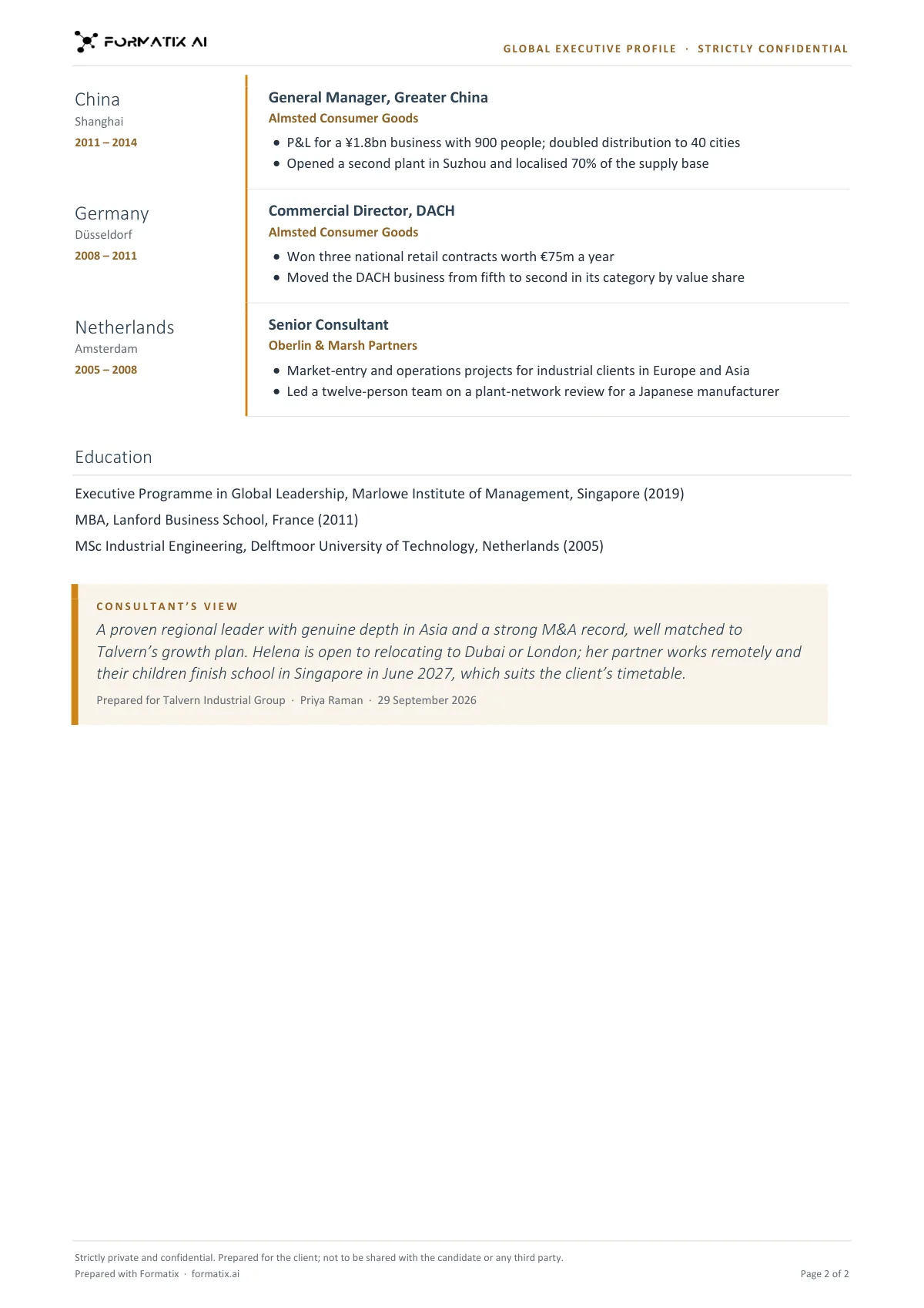 Global executive profile template, page 2: example in Formatix branding with fictional content