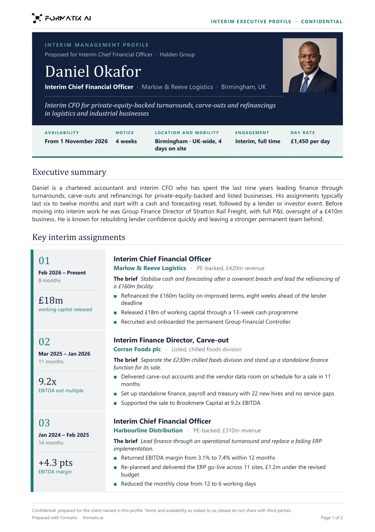 Interim executive profile template, page 1: example in Formatix branding with fictional content