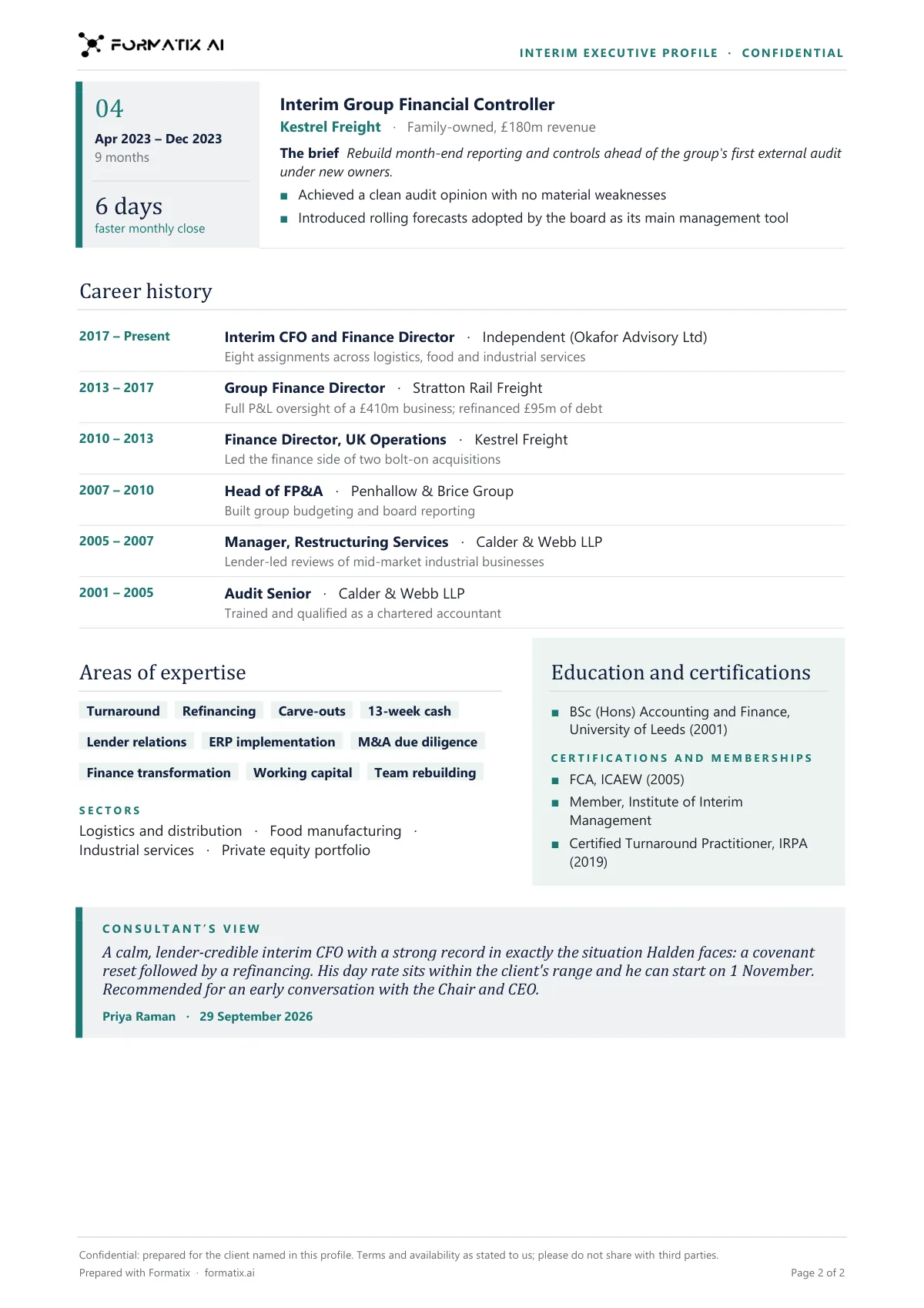 Interim executive profile template, page 2: example in Formatix branding with fictional content