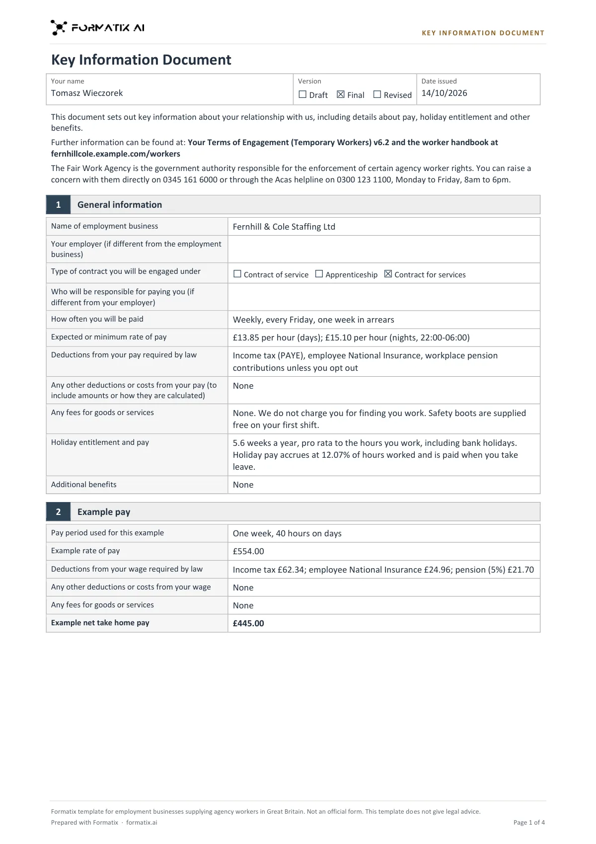 Key Information Document (agency workers) template, page 1: example in Formatix branding with fictional content