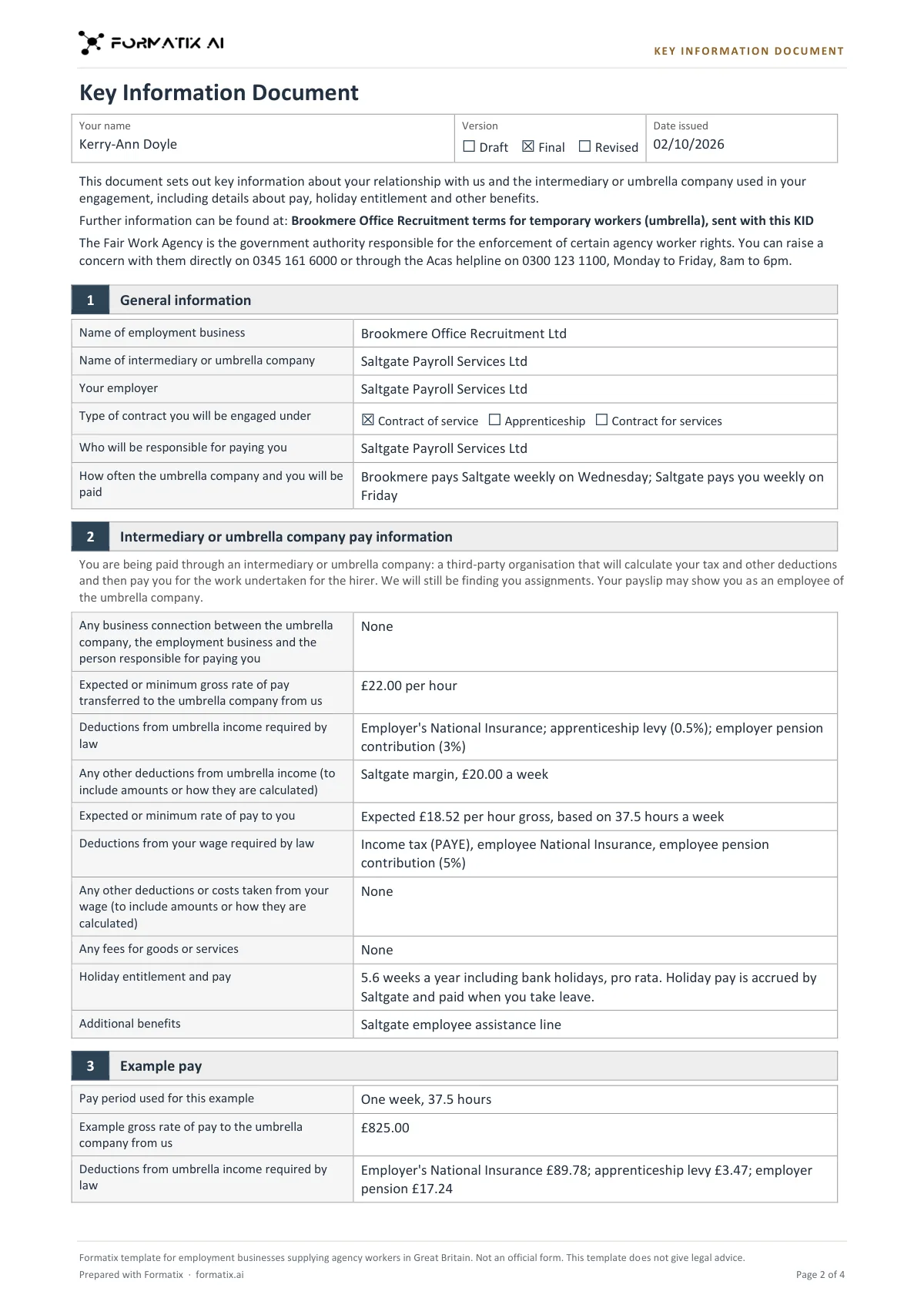 Key Information Document (agency workers) template, page 2: example in Formatix branding with fictional content