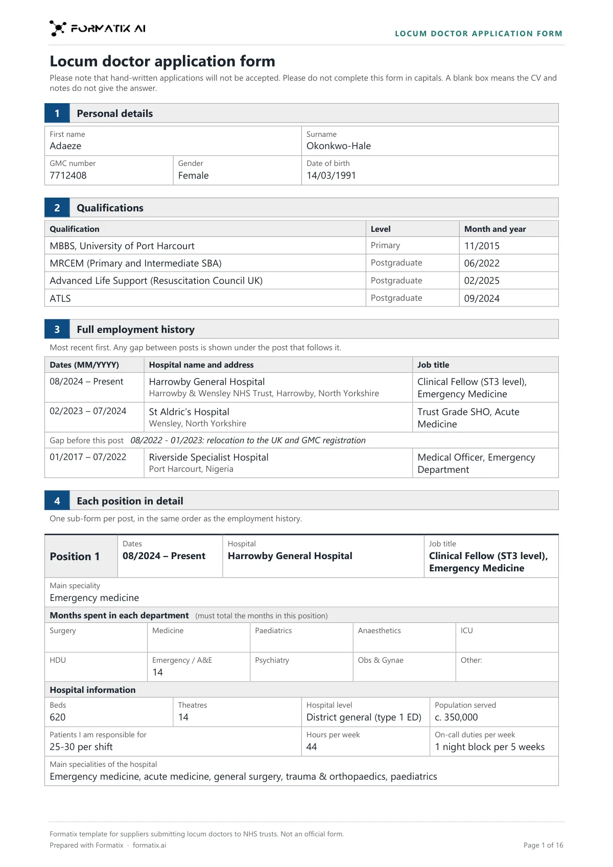 Locum doctor application form template, page 1: example in Formatix branding with fictional content