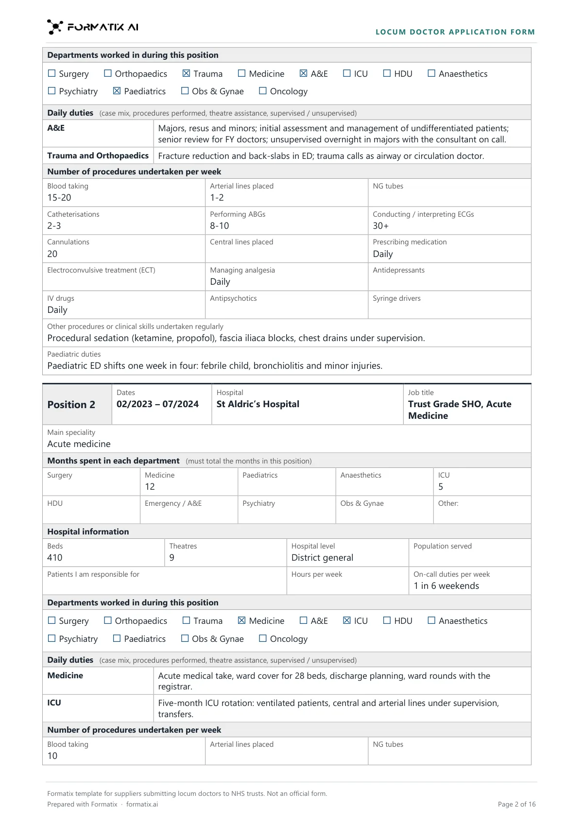 Locum doctor application form template, page 2: example in Formatix branding with fictional content