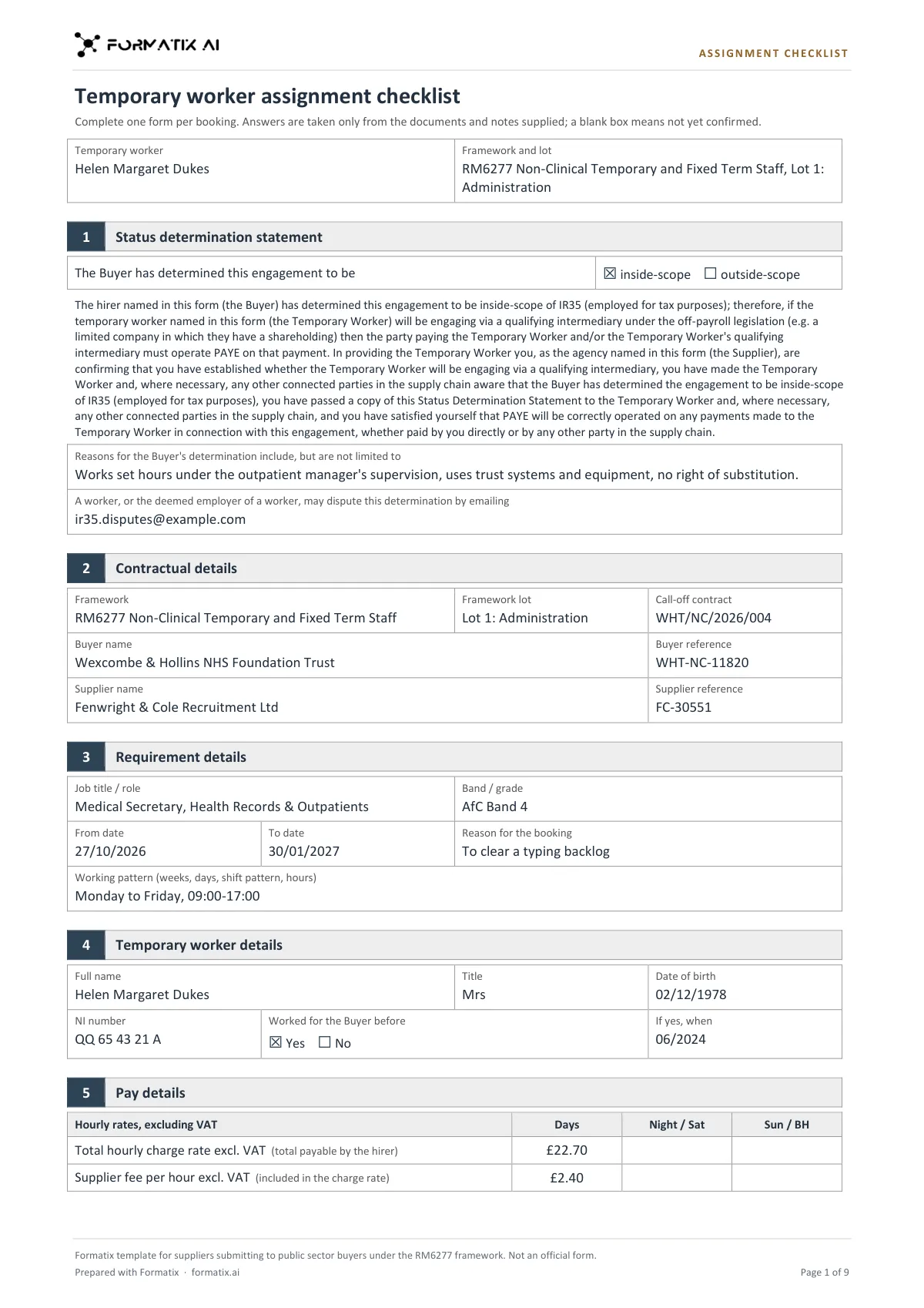 NHS non-clinical agency assignment checklist template, page 1: example in Formatix branding with fictional content