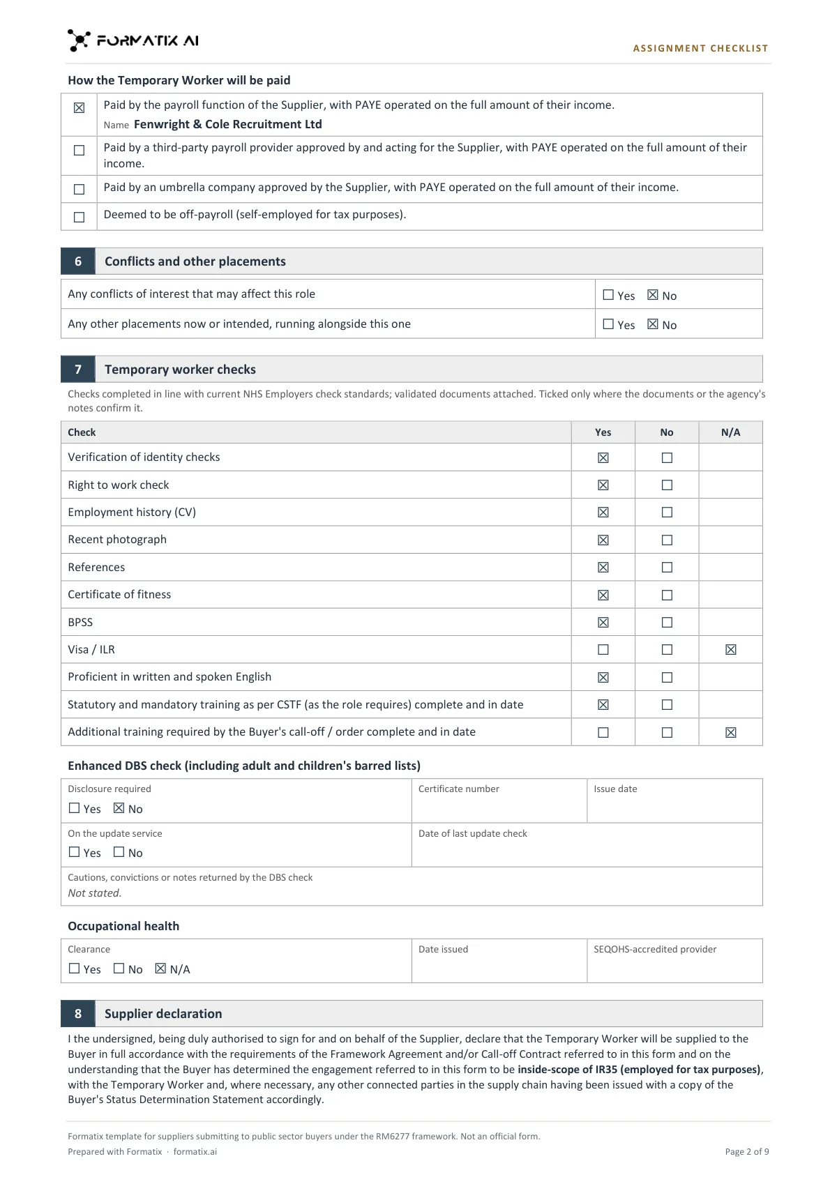 NHS non-clinical agency assignment checklist template, page 2: example in Formatix branding with fictional content