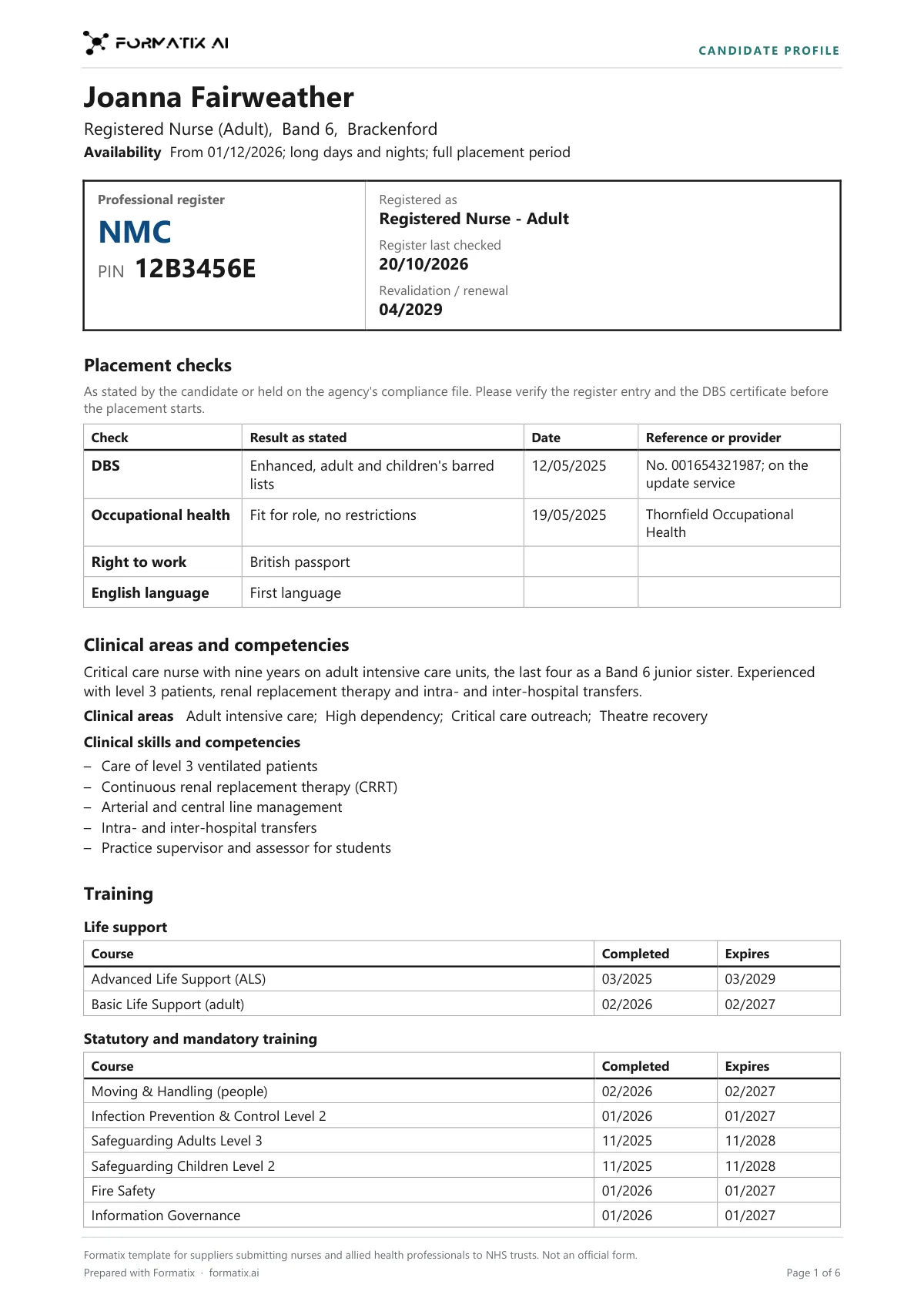Nurse and allied health candidate profile template, page 1: example in Formatix branding with fictional content