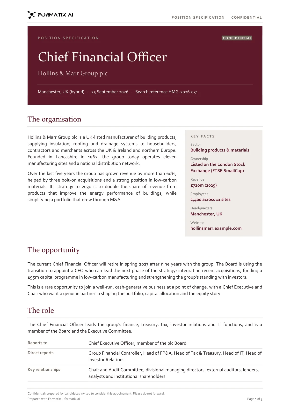 Position specification template, page 1: example in Formatix branding with fictional content