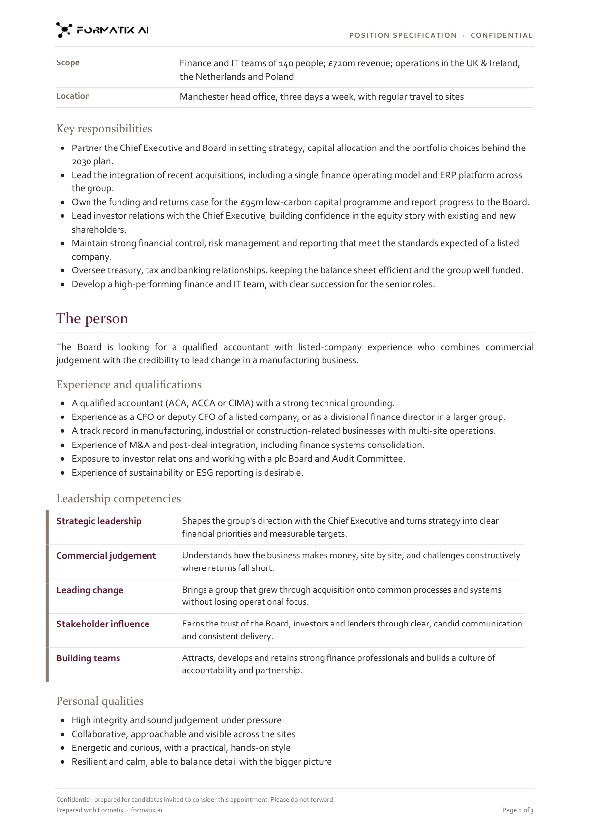 Position specification template, page 2: example in Formatix branding with fictional content