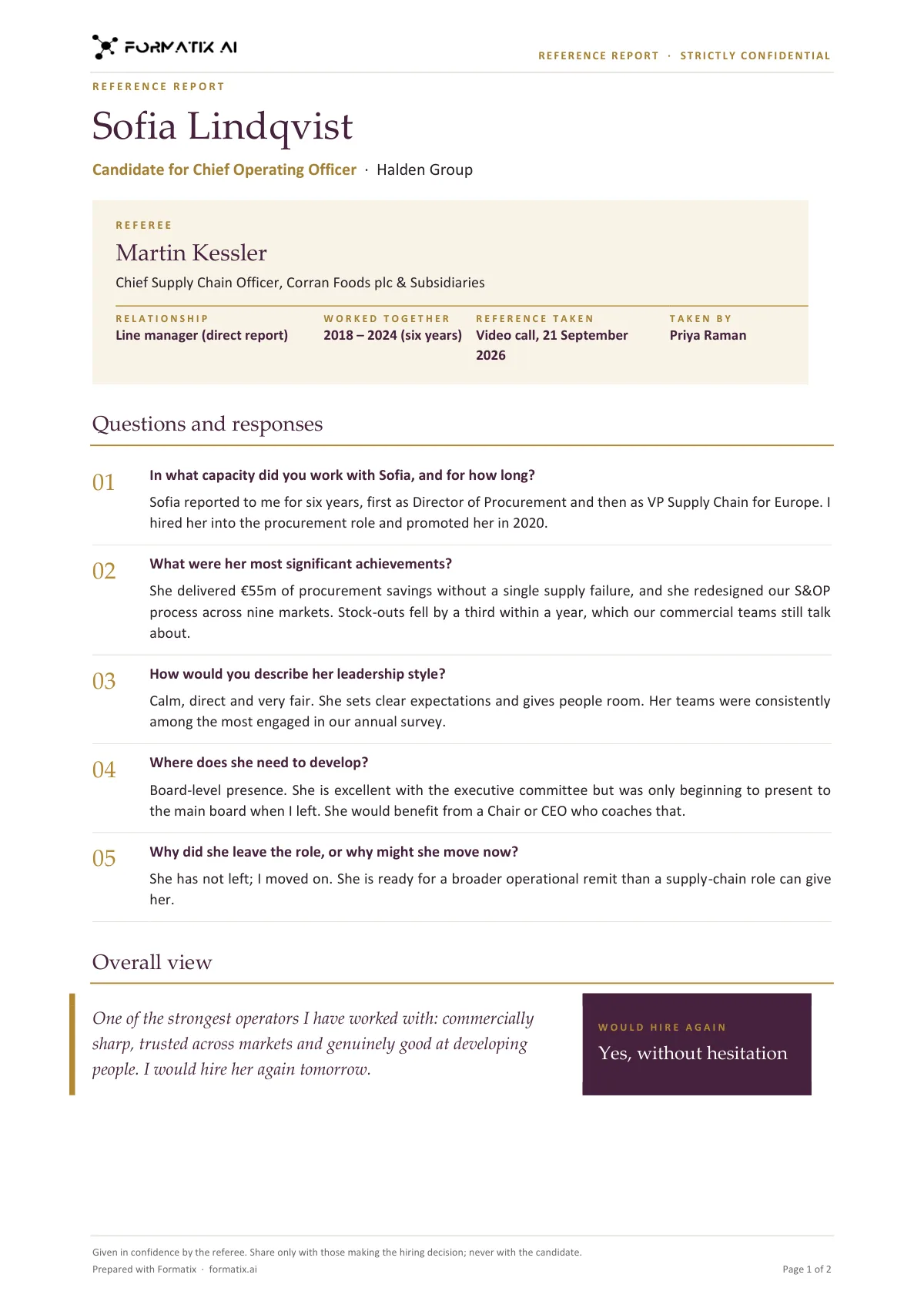 Reference report template, page 1: example in Formatix branding with a fictional candidate