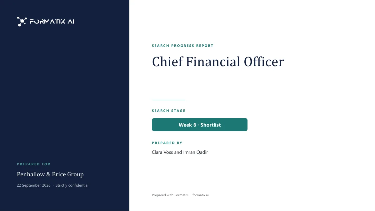 Search progress report template, slide 1: example in Formatix branding with fictional content