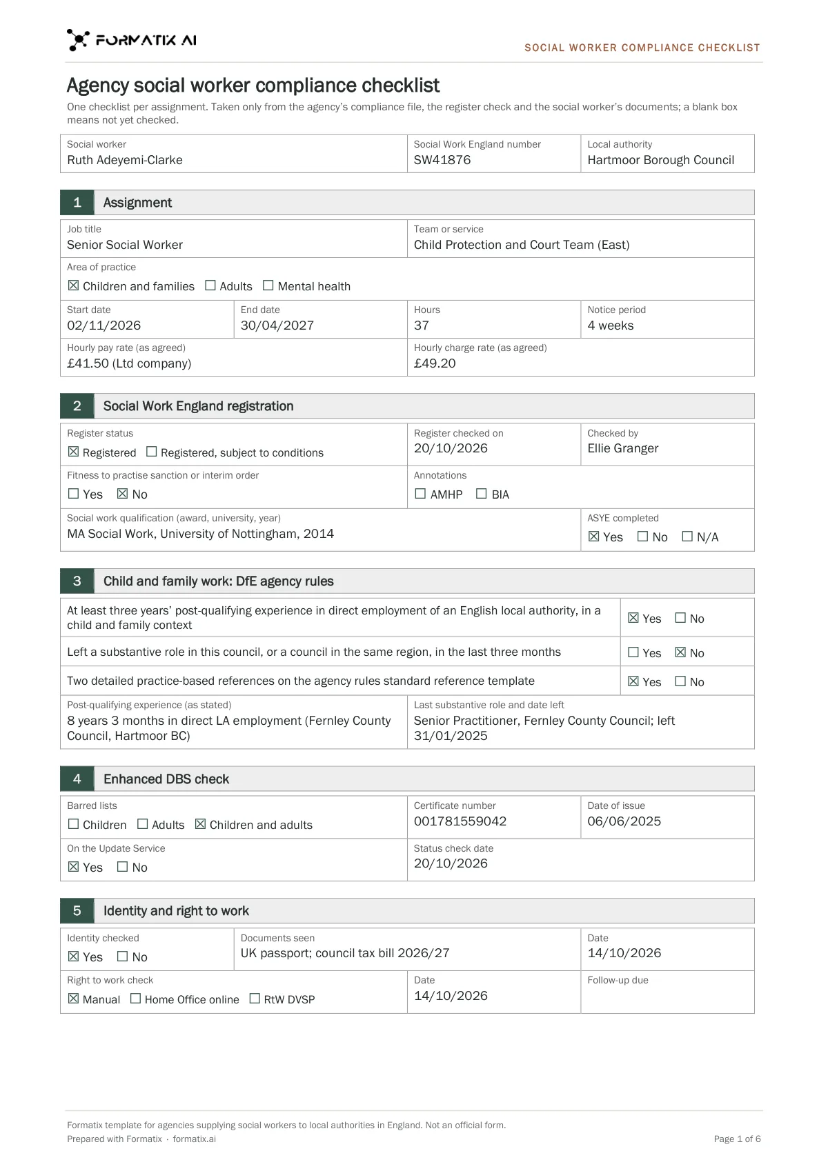 Agency social worker compliance checklist template, page 1: example in Formatix branding with fictional content