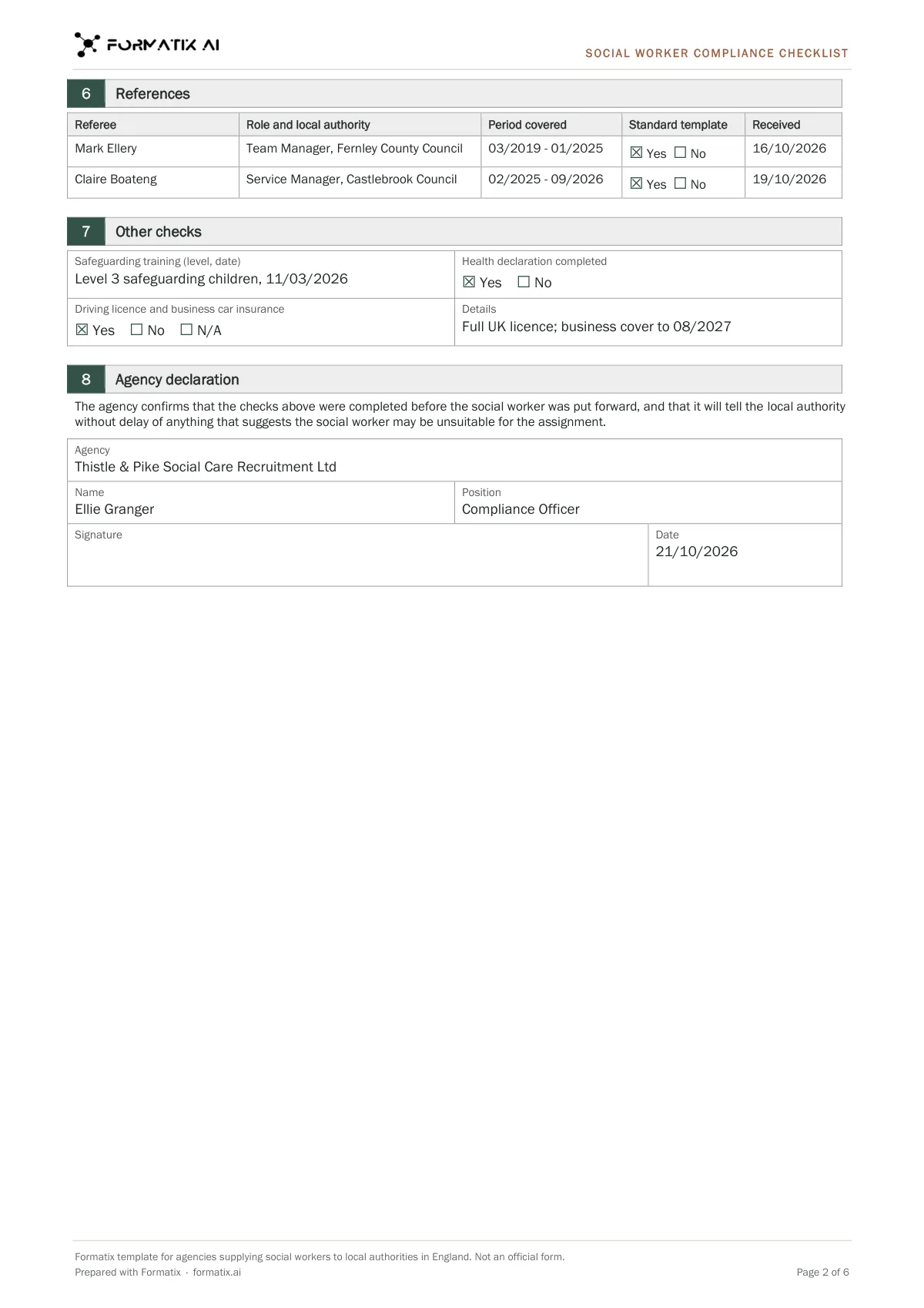 Agency social worker compliance checklist template, page 2: example in Formatix branding with fictional content