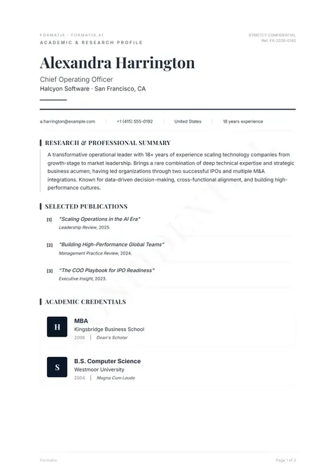 Academic Profile template, page 1: example in Formatix branding with a fictional candidate