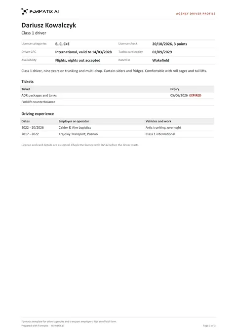 Agency driver profile template, page 1: example in Formatix branding with fictional content