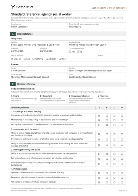 Agency social worker reference template, page 1: example in Formatix branding with fictional content