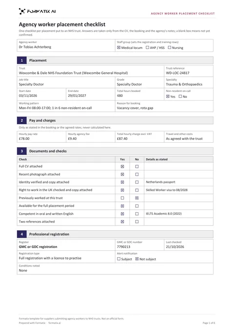 Agency worker placement checklist template, page 1: example in Formatix branding with fictional content