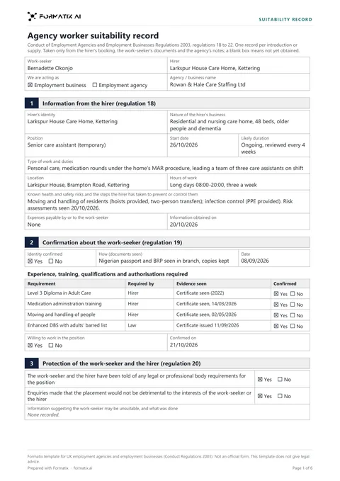 Agency worker suitability record template, page 1: example in Formatix branding with fictional content